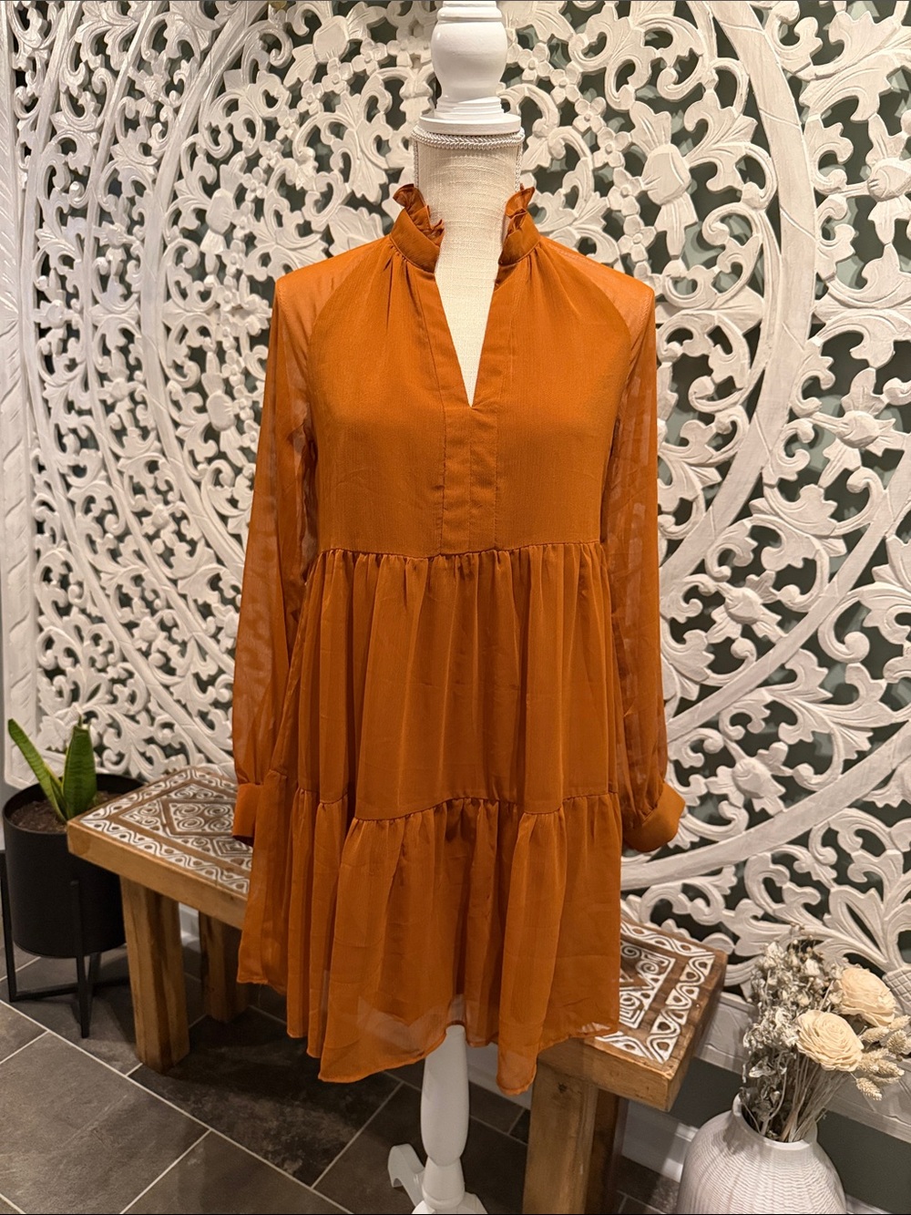 1. State Burnt Orange Long Sleeve Tiered Ruffle Dress
